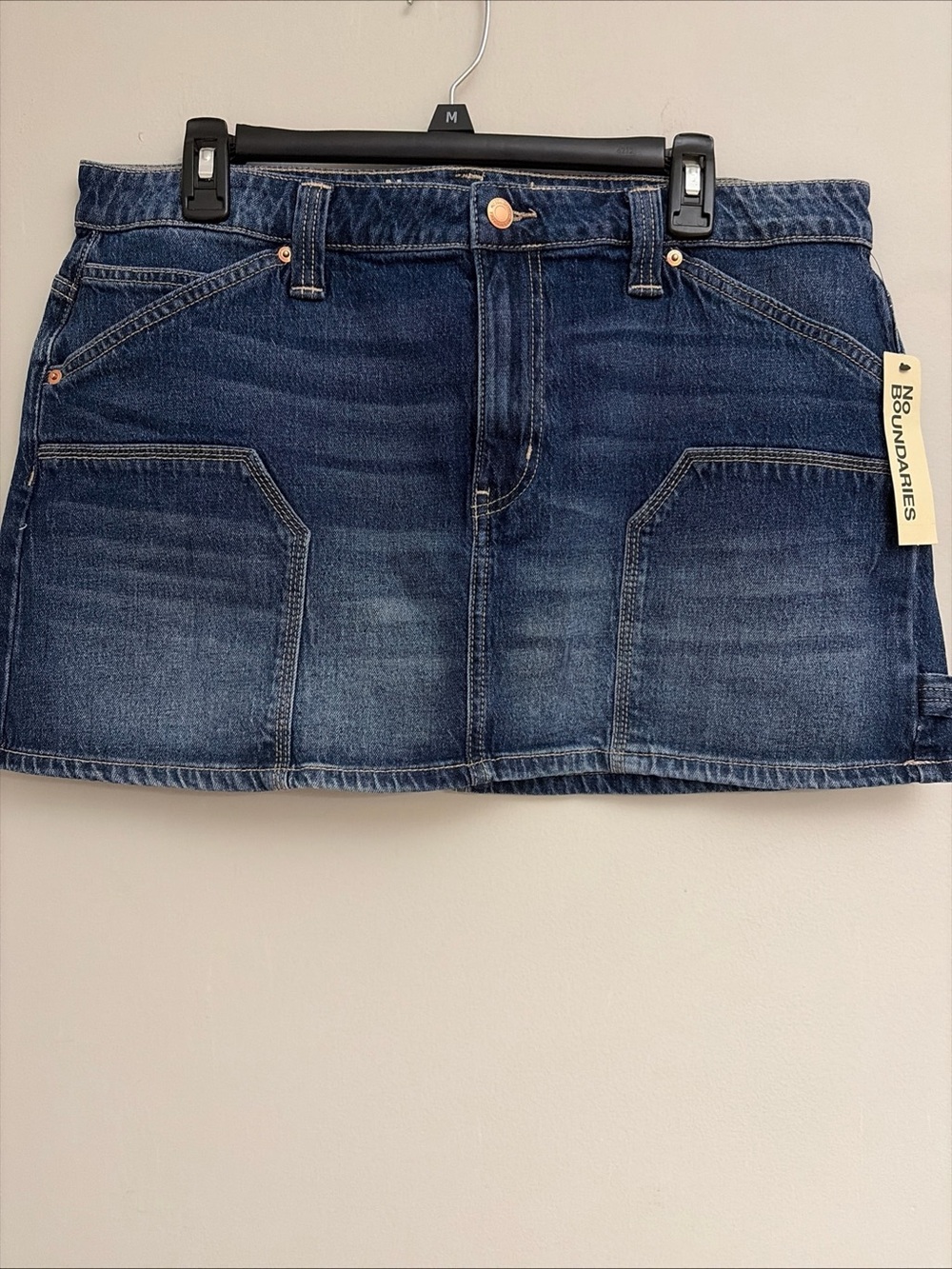 No Boundaries Blue Denim Mini Skirt with Front Patch Pockets size Le